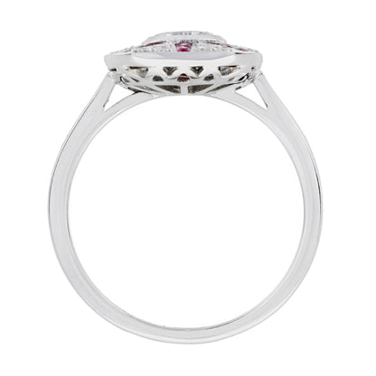 Old Cut Diamond & Ruby Art Deco Style Pave Ring Sunburst 18K White Gold Ring