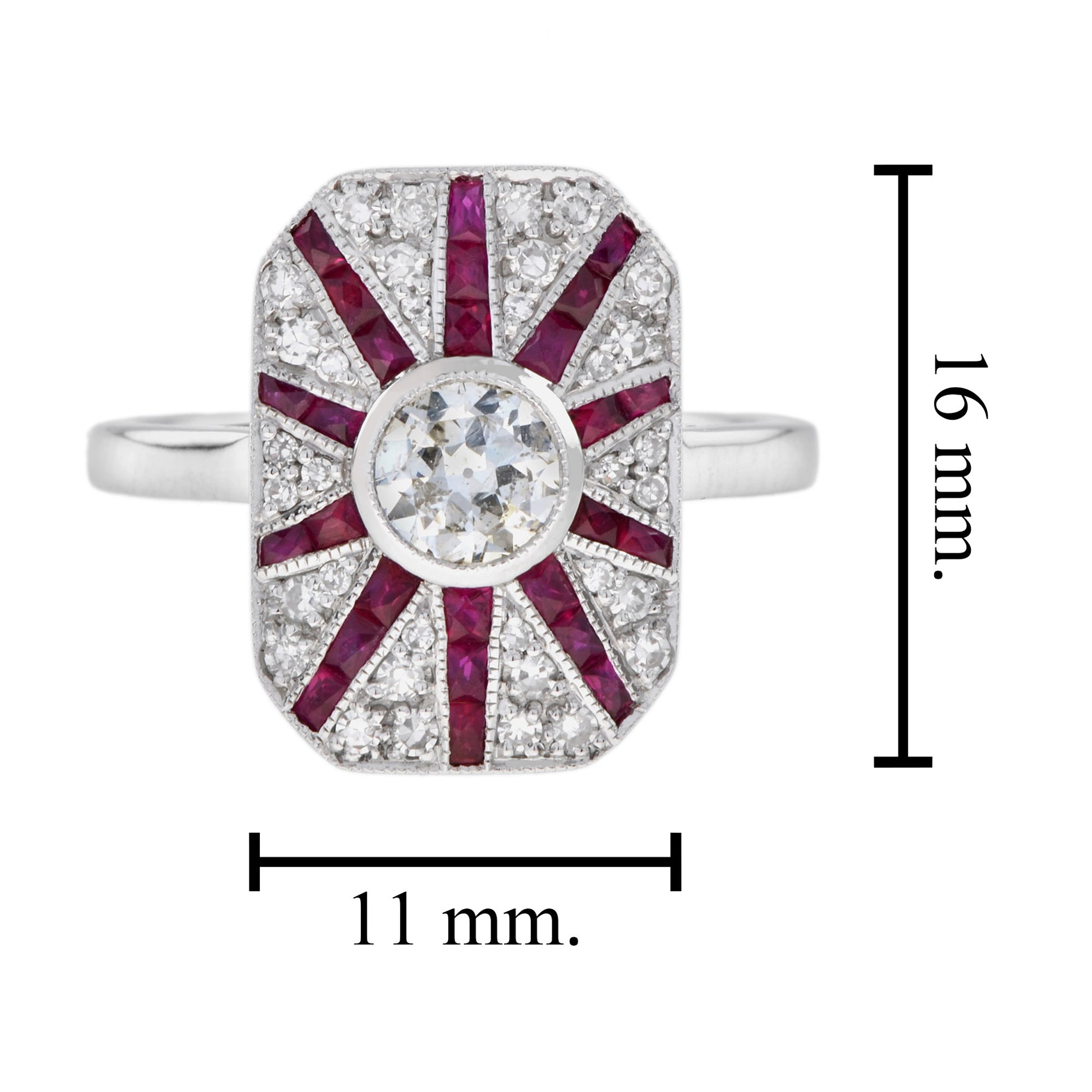Old Cut Diamond & Ruby Art Deco Style Pave Ring Sunburst 18K White Gold Ring