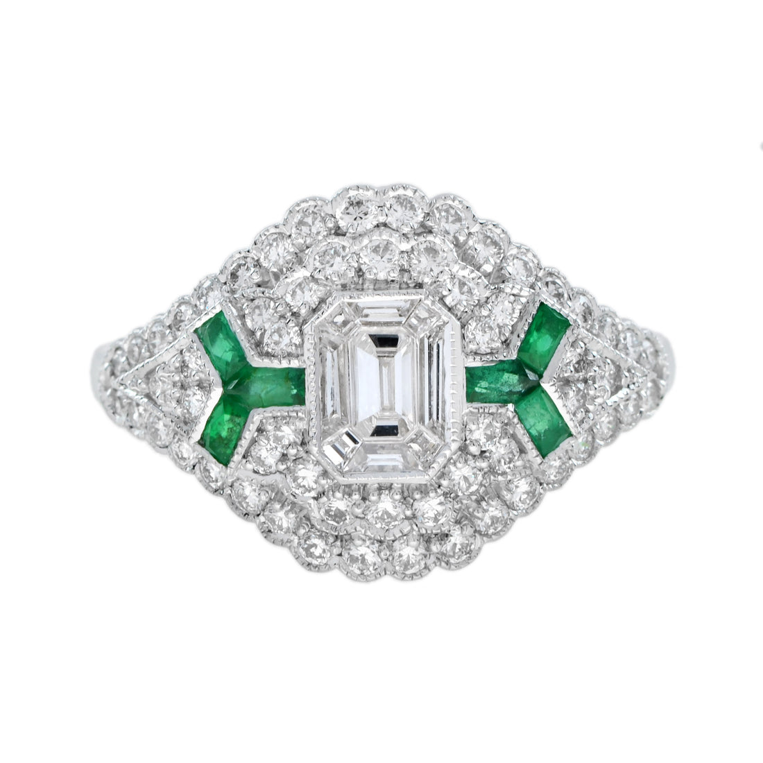 Emerald Cut Diamond & Emerald Art Deco Inspired Style 18k White Gold Unique Ring