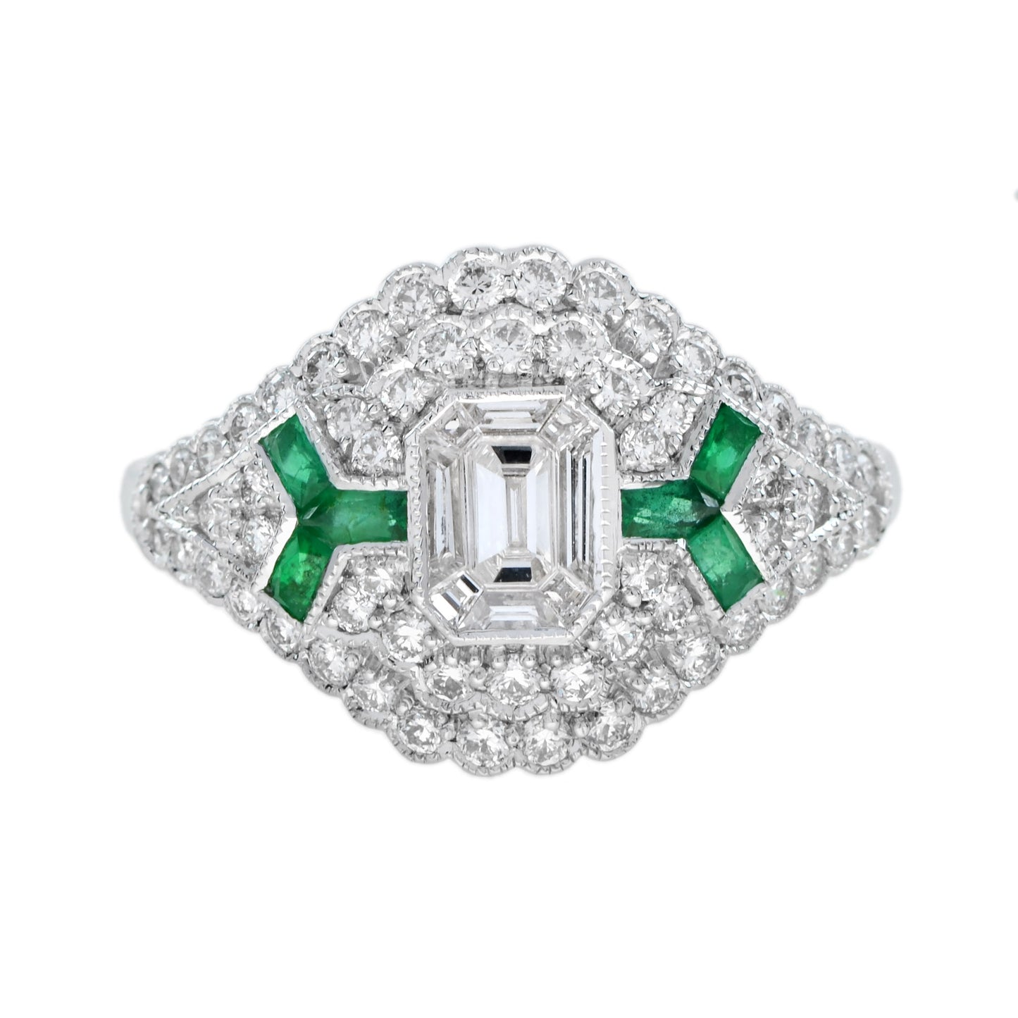 emerald cut diamond & emerald art deco inspired style 18k white gold unique ring