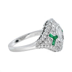 Emerald Cut Diamond & Emerald Art Deco Inspired Style 18k White Gold Unique Ring