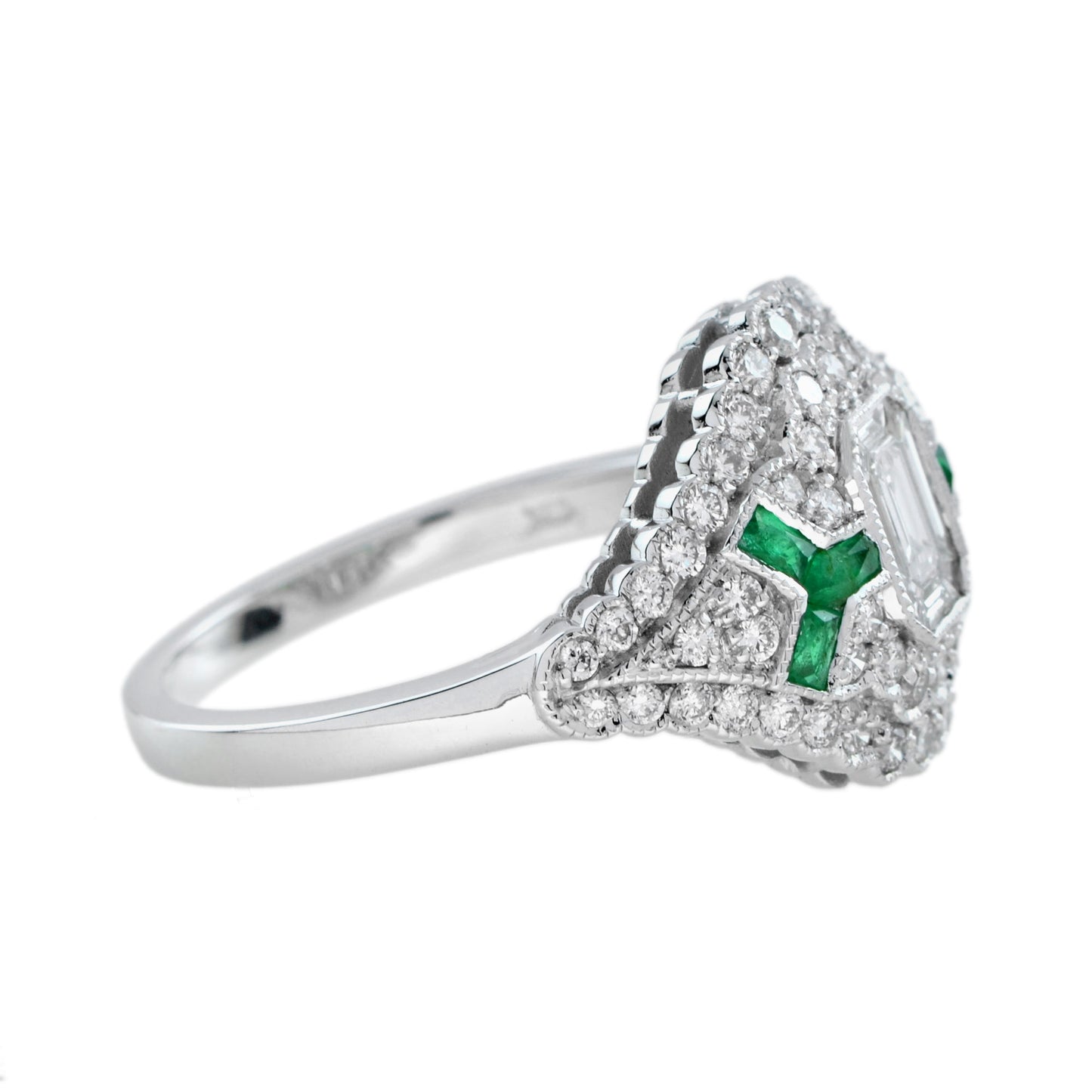 emerald cut diamond & emerald art deco inspired style 18k white gold unique ring