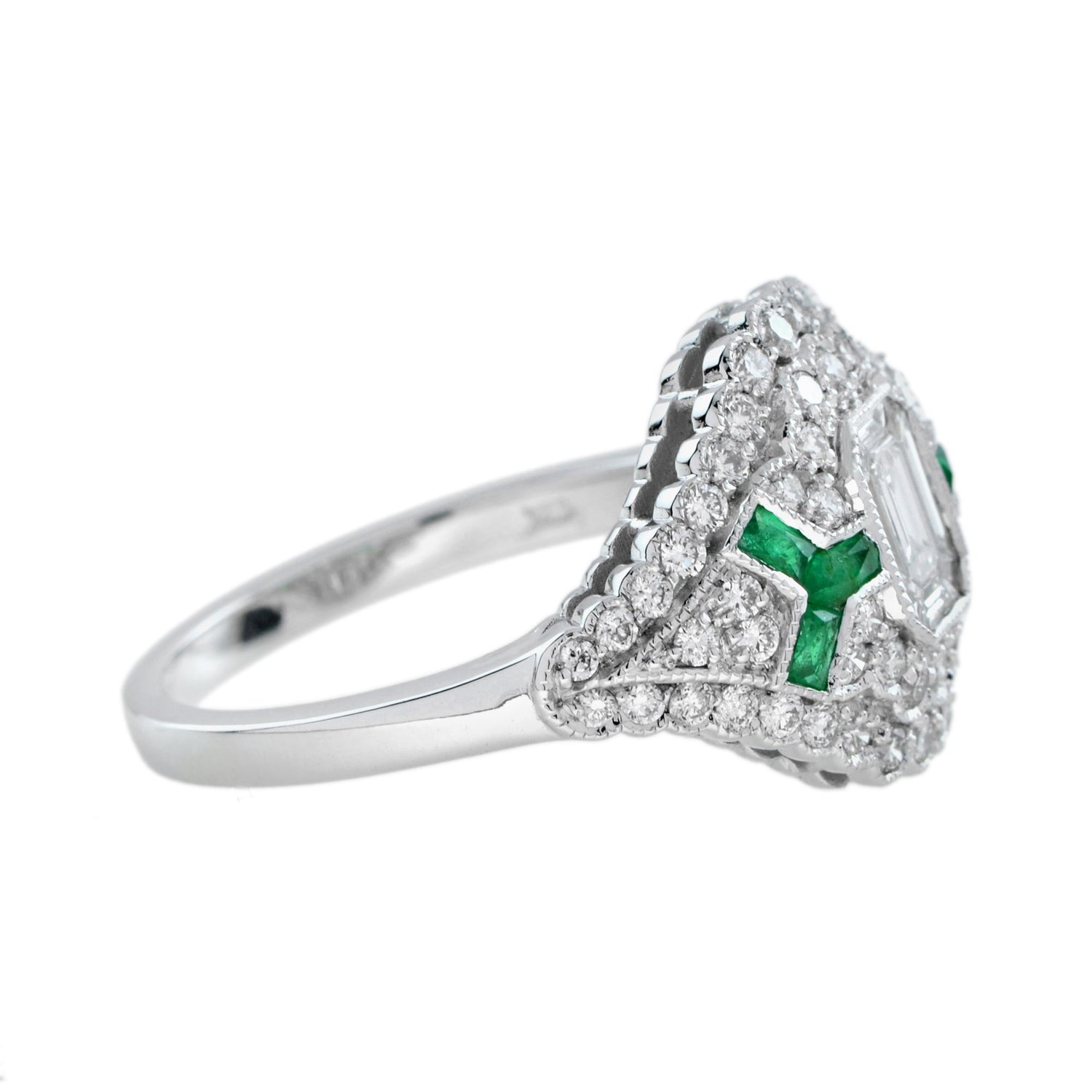 Emerald Cut Diamond &amp; Emerald Art Deco Inspired Style 18k White Gold Unique Ring