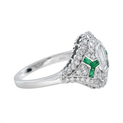 Emerald Cut Diamond & Emerald Art Deco Inspired Style 18k White Gold Unique Ring