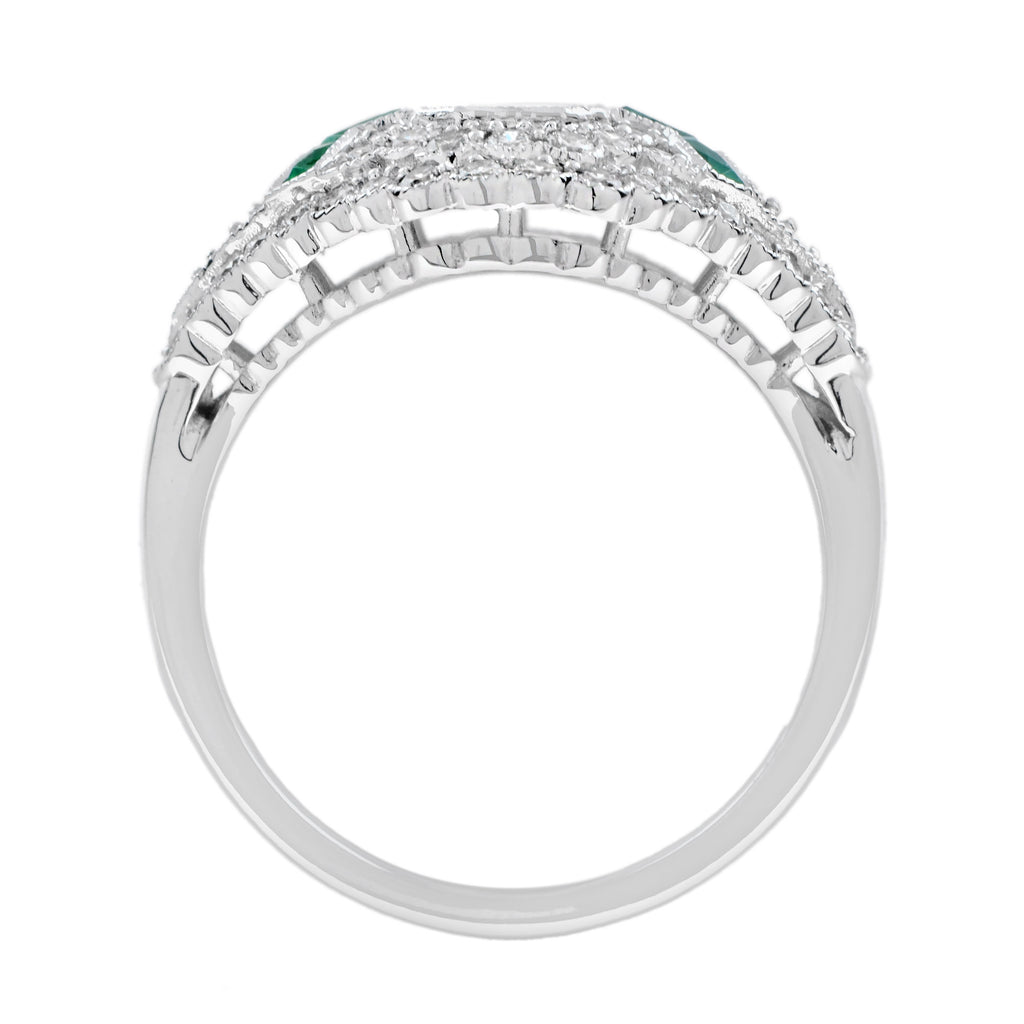 Emerald Cut Diamond & Emerald Art Deco Inspired Style 18k White Gold Unique Ring