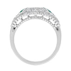 Emerald Cut Diamond & Emerald Art Deco Inspired Style 18k White Gold Unique Ring