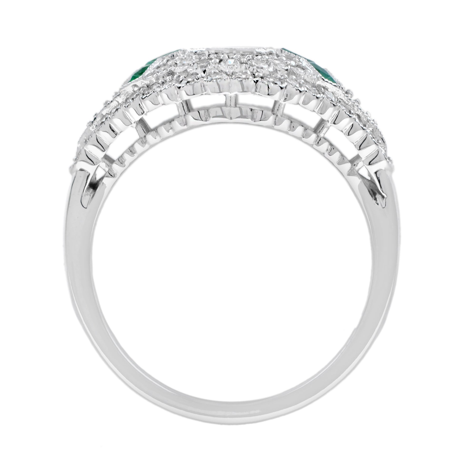 Emerald Cut Diamond & Emerald Art Deco Inspired Style 18k White Gold Unique Ring