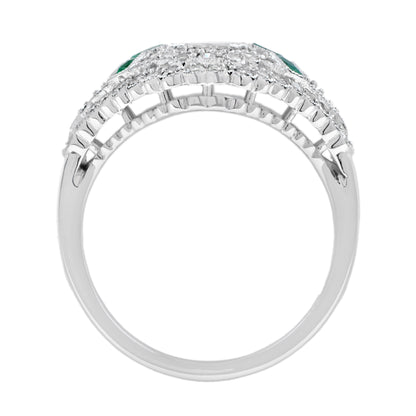 Emerald Cut Diamond & Emerald Art Deco Inspired Style 18k White Gold Unique Ring