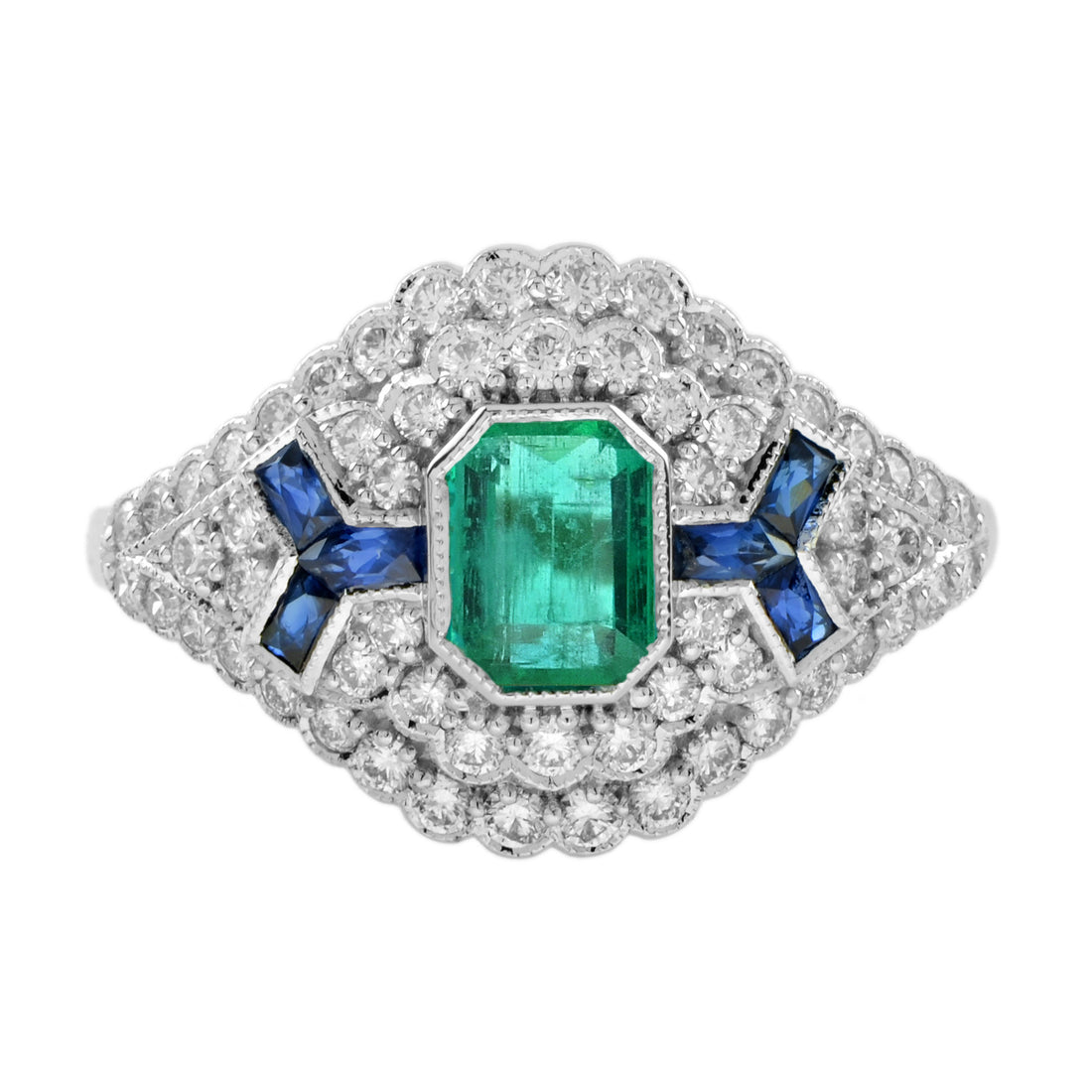 Emerald Sapphire Diamond Art Deco Style Statement 14K White Gold Ring