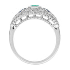 Emerald Sapphire Diamond Art Deco Style Statement 14K White Gold Ring