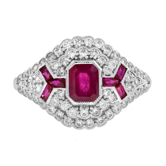 Ruby & Pave Diamond Art Deco Inspired Style Statement 14K White Gold Ring