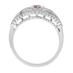 Ruby & Pave Diamond Art Deco Inspired Style Statement 14K White Gold Ring