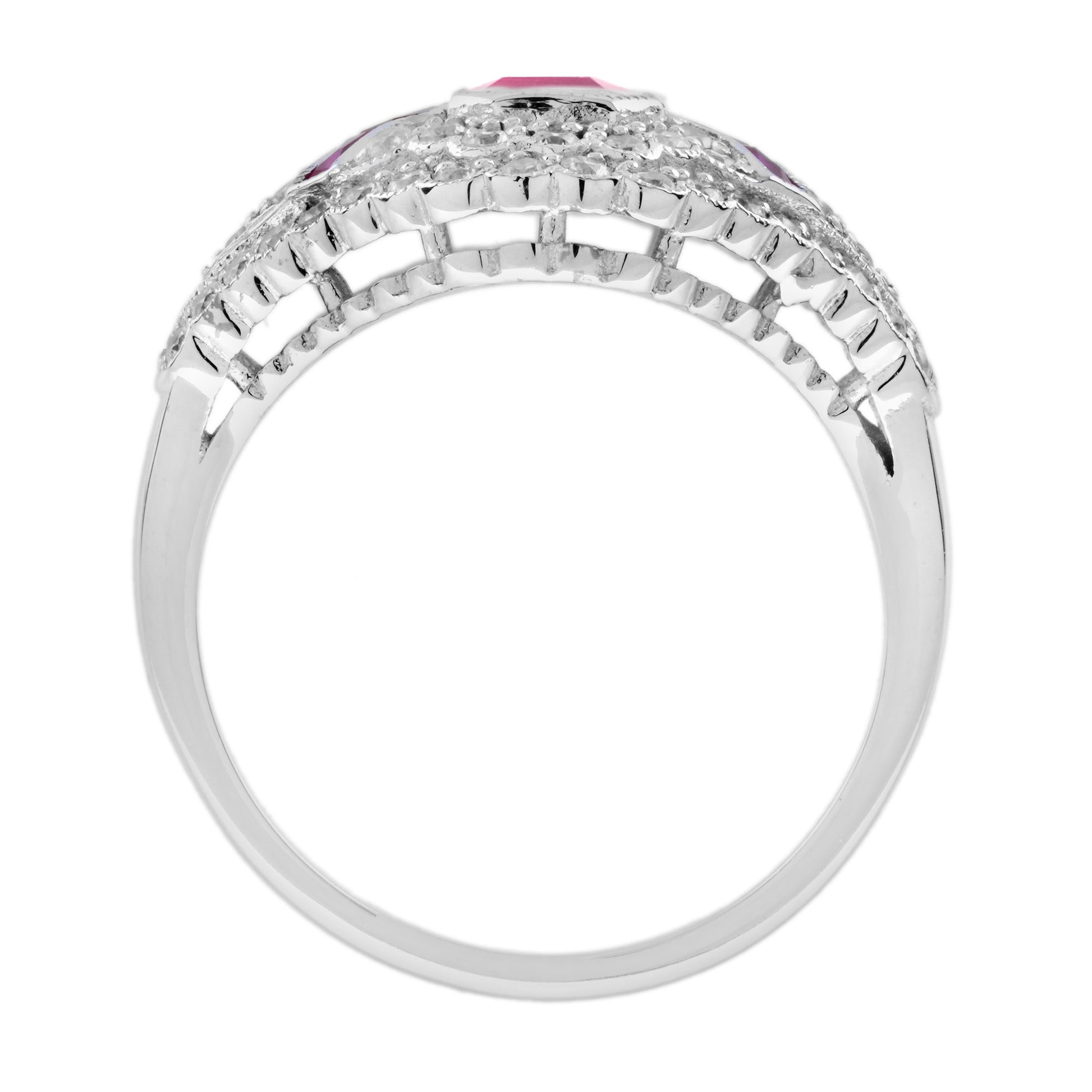 Ruby & Pave Diamond Art Deco Inspired Style Statement 14K White Gold Ring