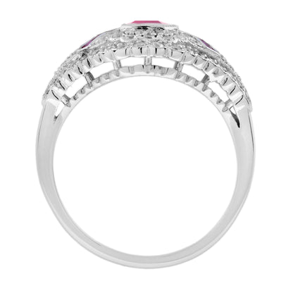 Ruby & Pave Diamond Art Deco Inspired Style Statement 14K White Gold Ring