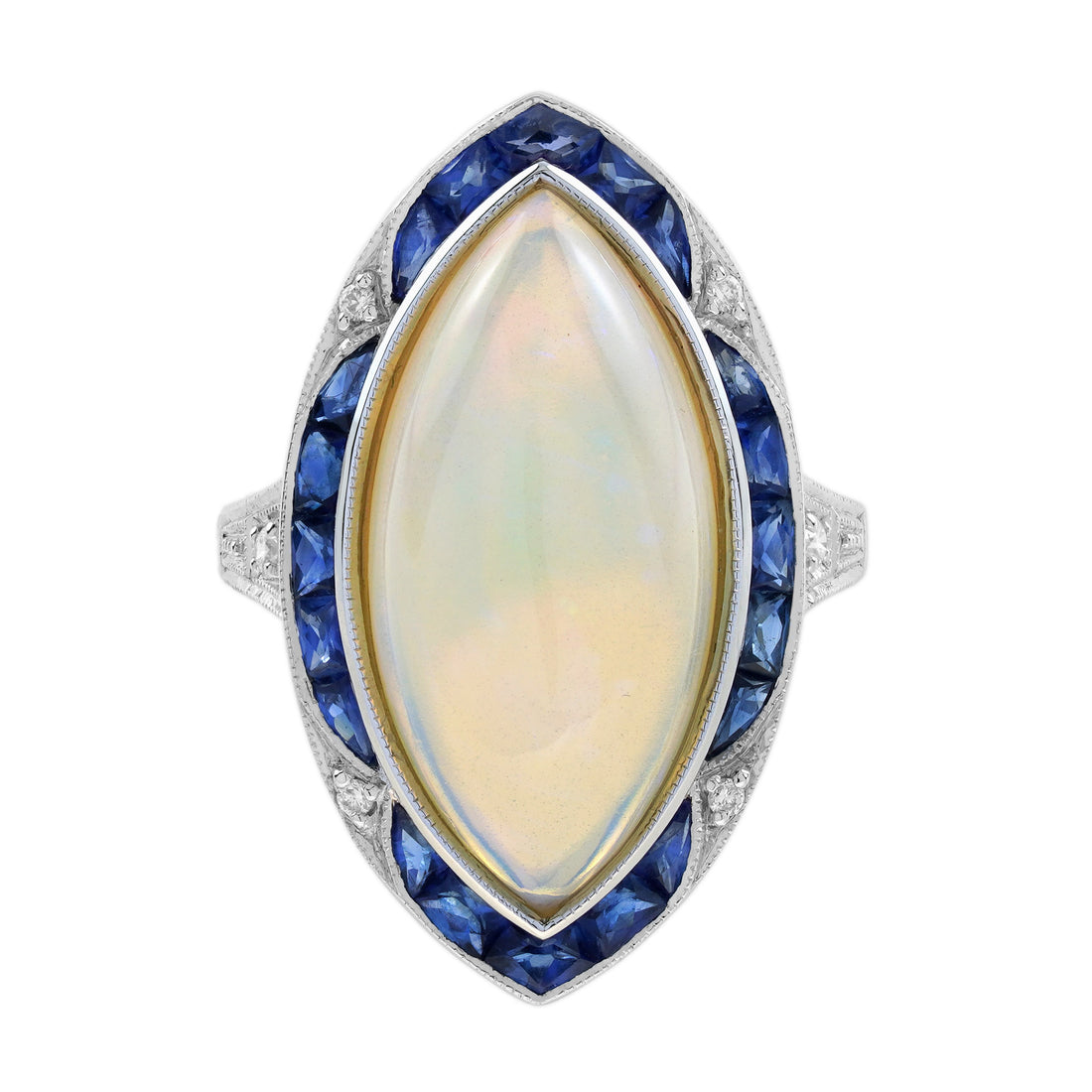 Large Marquise White Opal & Blue Sapphire Diamond Art Deco Style Cocktail Ring