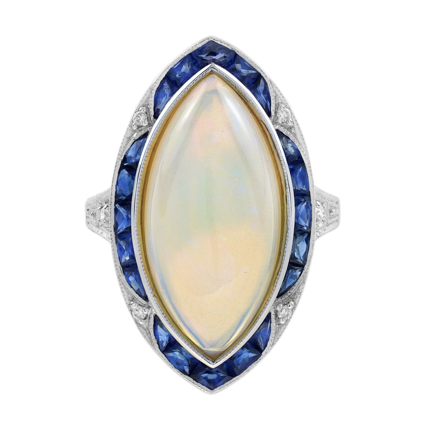 large marquise white opal & blue sapphire diamond art deco style cocktail ring