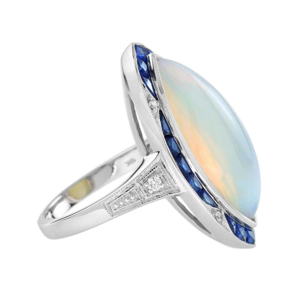 Large Marquise White Opal & Blue Sapphire Diamond Art Deco Style Cocktail Ring