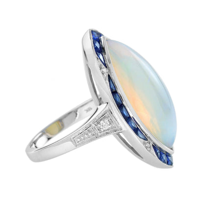Large Marquise White Opal & Blue Sapphire Diamond Art Deco Style Cocktail Ring