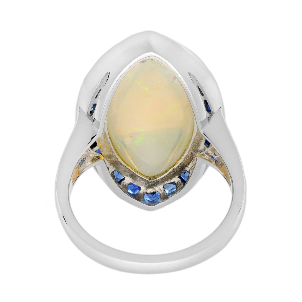 Large Marquise White Opal & Blue Sapphire Diamond Art Deco Style Cocktail Ring