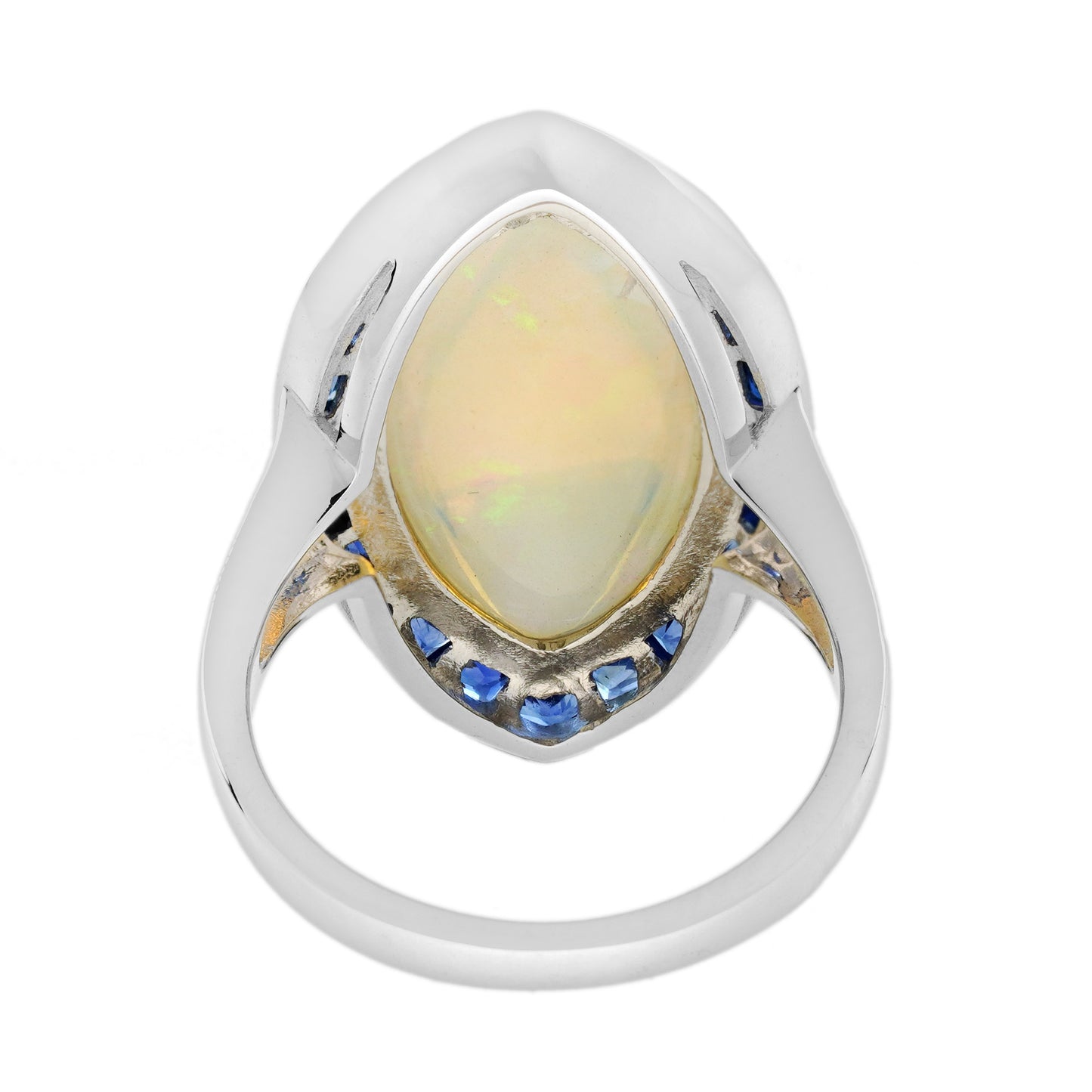 large marquise white opal & blue sapphire diamond art deco style cocktail ring
