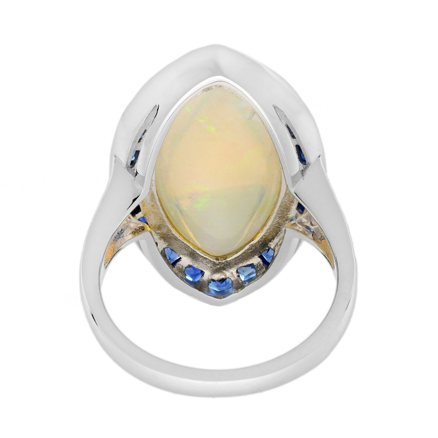 Large Marquise White Opal &amp; Blue Sapphire Diamond Art Deco Style Cocktail Ring