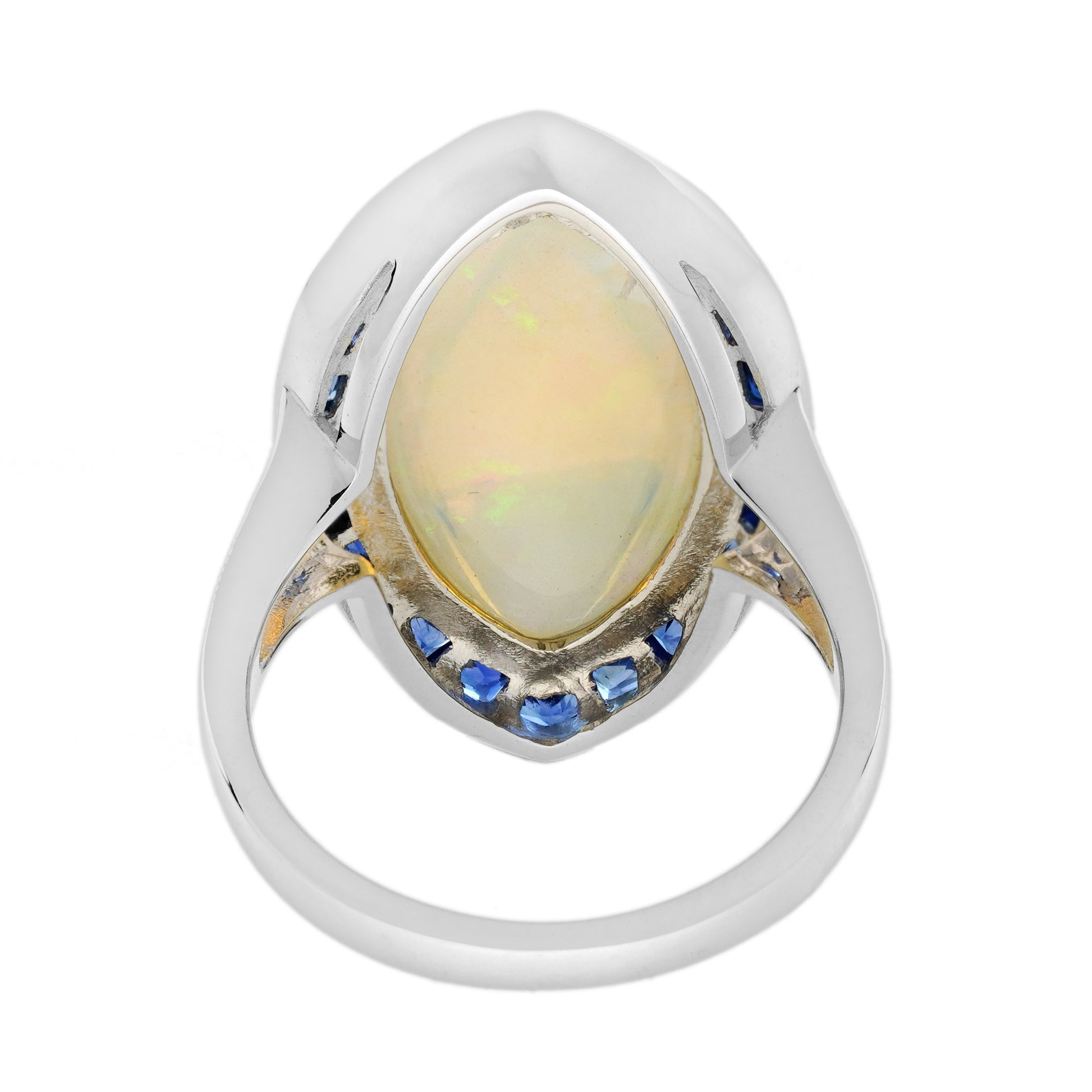 Large Marquise White Opal & Blue Sapphire Diamond Art Deco Style Cocktail Ring