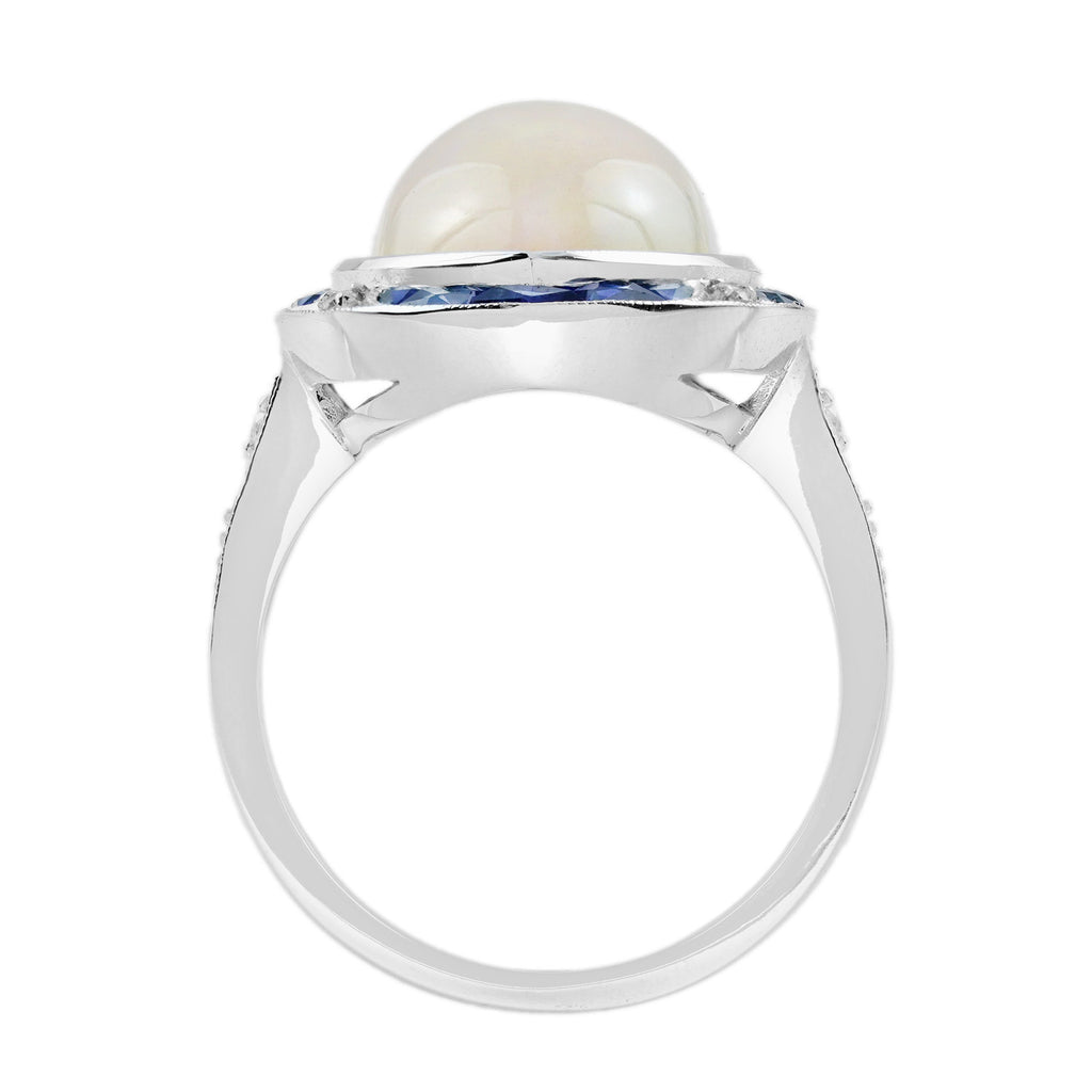 Large Marquise White Opal & Blue Sapphire Diamond Art Deco Style Cocktail Ring