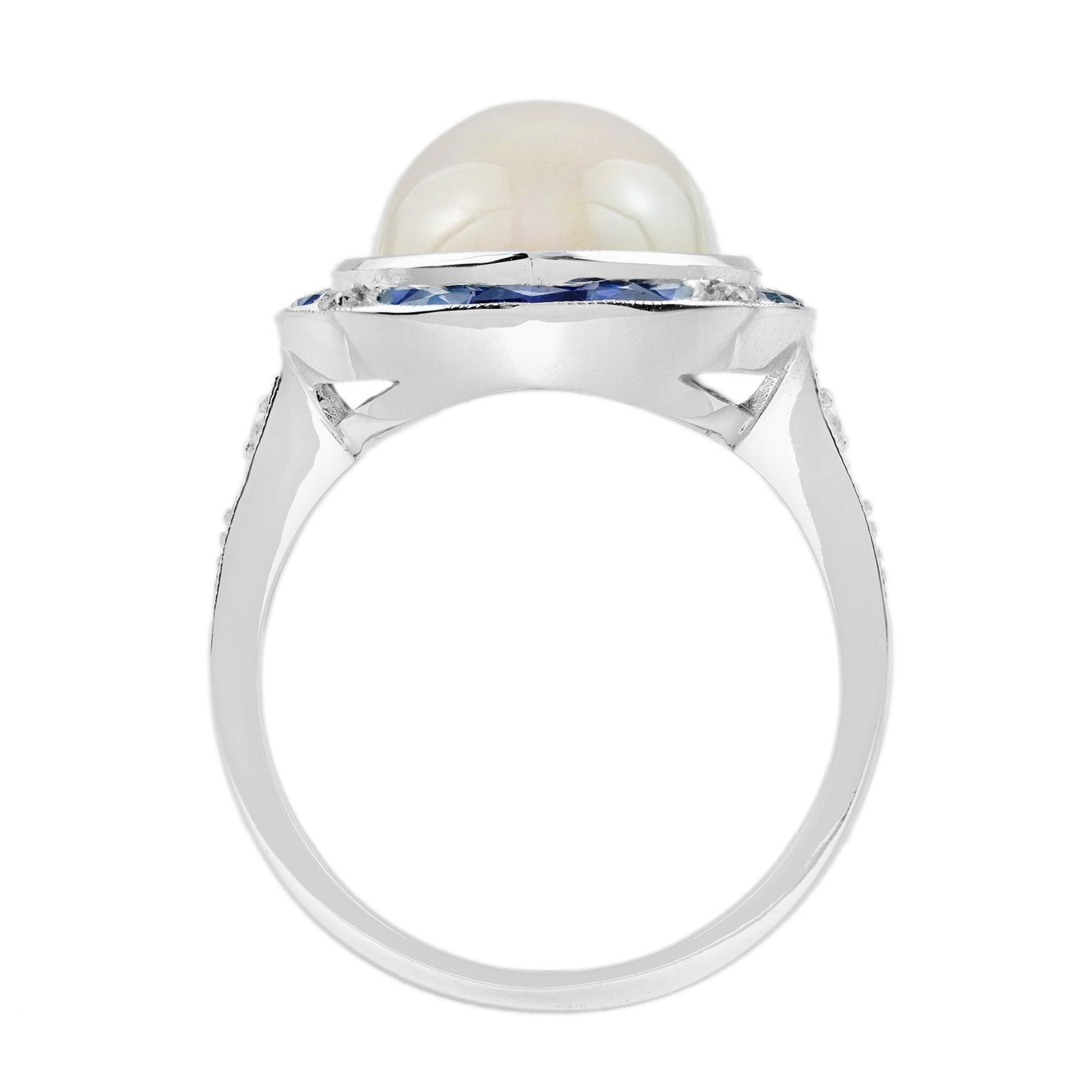 Large Marquise White Opal & Blue Sapphire Diamond Art Deco Style Cocktail Ring