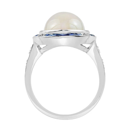 Large Marquise White Opal & Blue Sapphire Diamond Art Deco Style Cocktail Ring