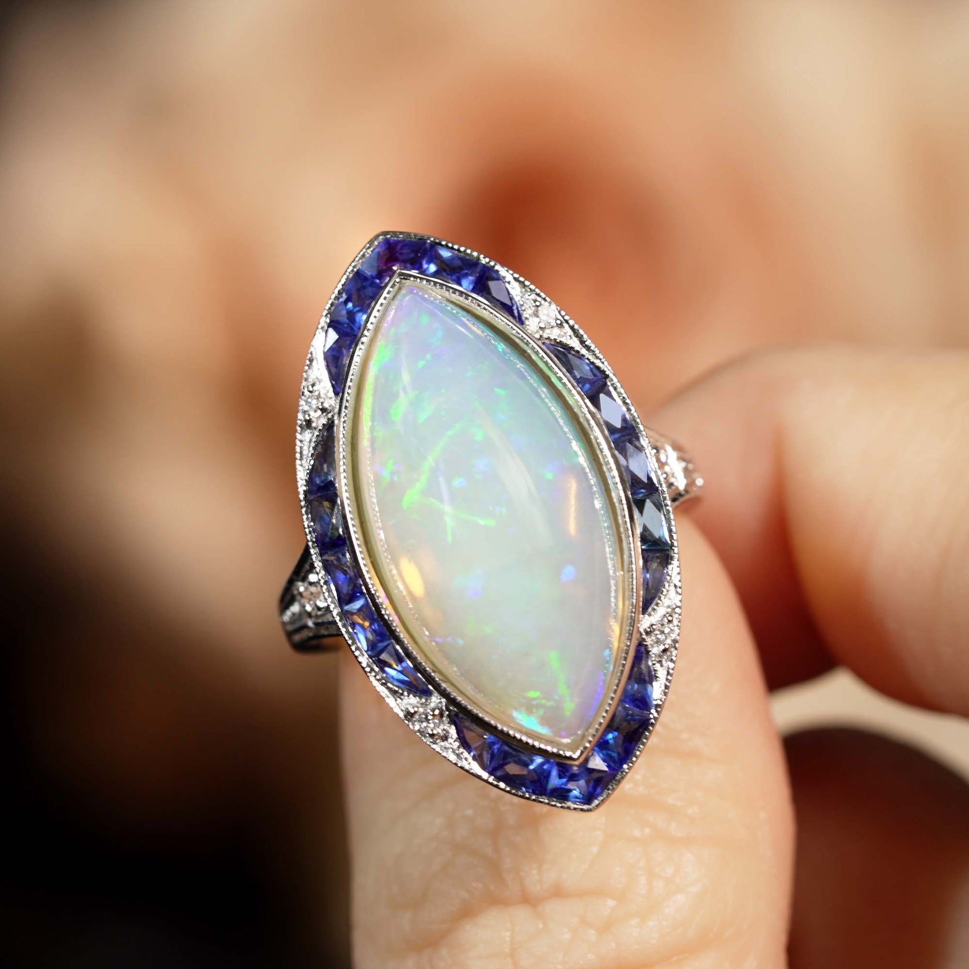 Large Marquise White Opal & Blue Sapphire Diamond Art Deco Style Cocktail Ring
