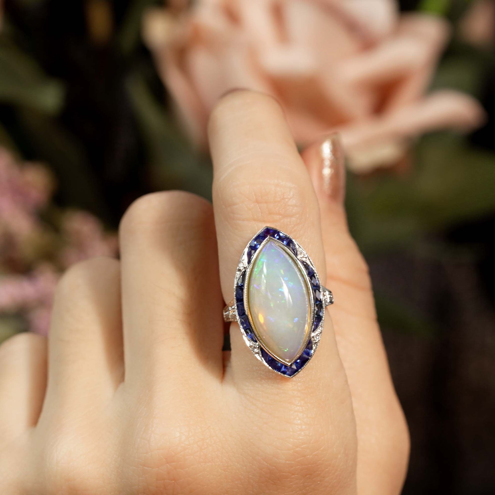 Large Marquise White Opal & Blue Sapphire Diamond Art Deco Style Cocktail Ring