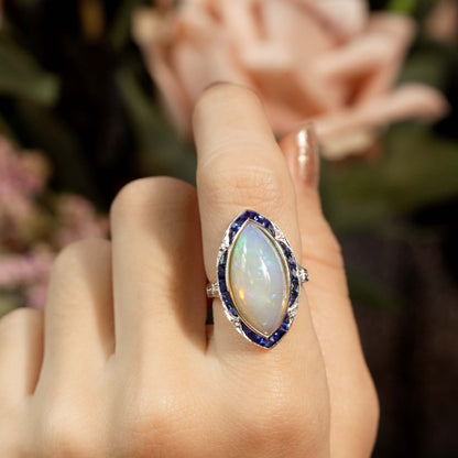 Large Marquise White Opal & Blue Sapphire Diamond Art Deco Style Cocktail Ring