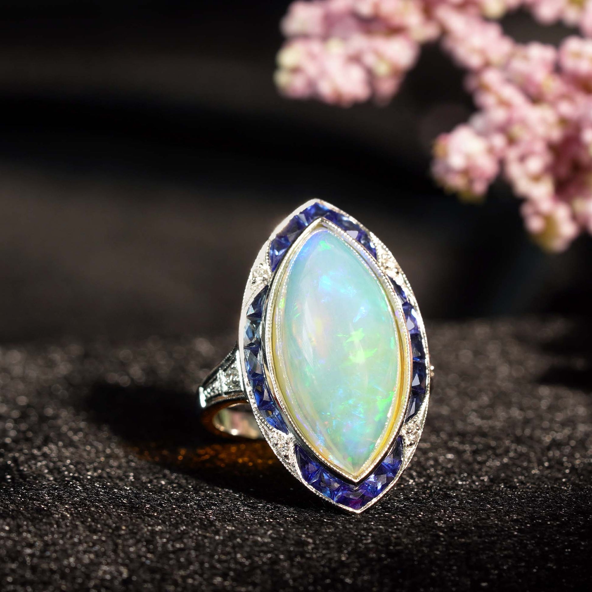 Large Marquise White Opal & Blue Sapphire Diamond Art Deco Style Cocktail Ring