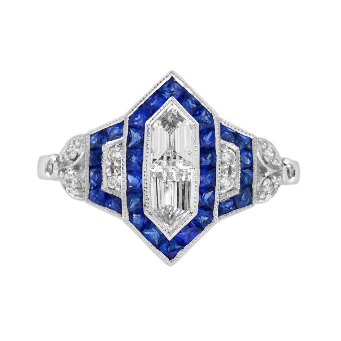 Diamond Illusion Set &amp; Blue Sapphire Halo Art Deco Style White Gold Ring