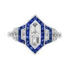 Diamond Illusion Set & Blue Sapphire Halo Art Deco Style White Gold Ring