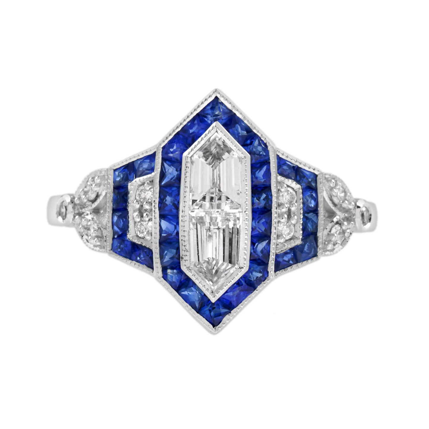 diamond illusion set & blue sapphire halo art deco style white gold ring