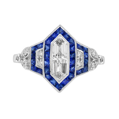 Diamond Illusion Set & Blue Sapphire Halo Art Deco Style White Gold Ring