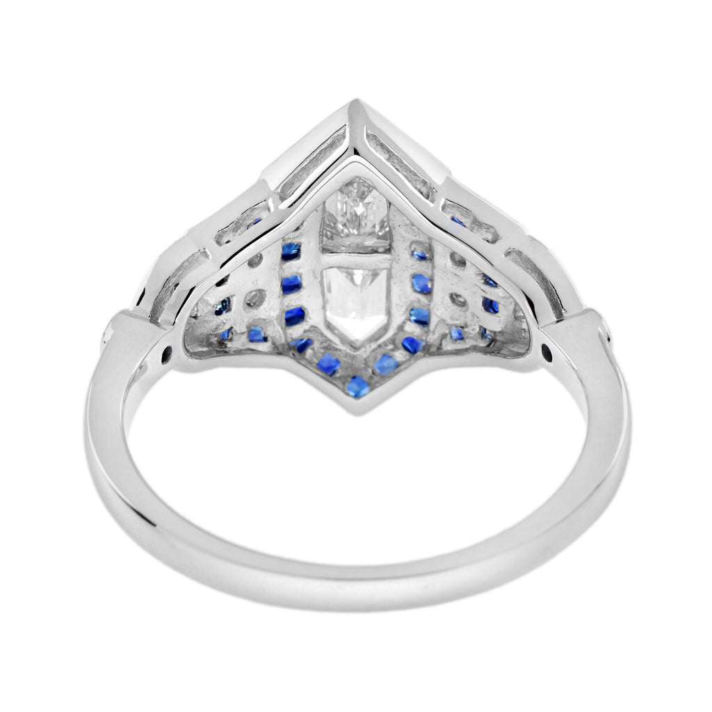 Diamond Illusion Set & Blue Sapphire Halo Art Deco Style White Gold Ring