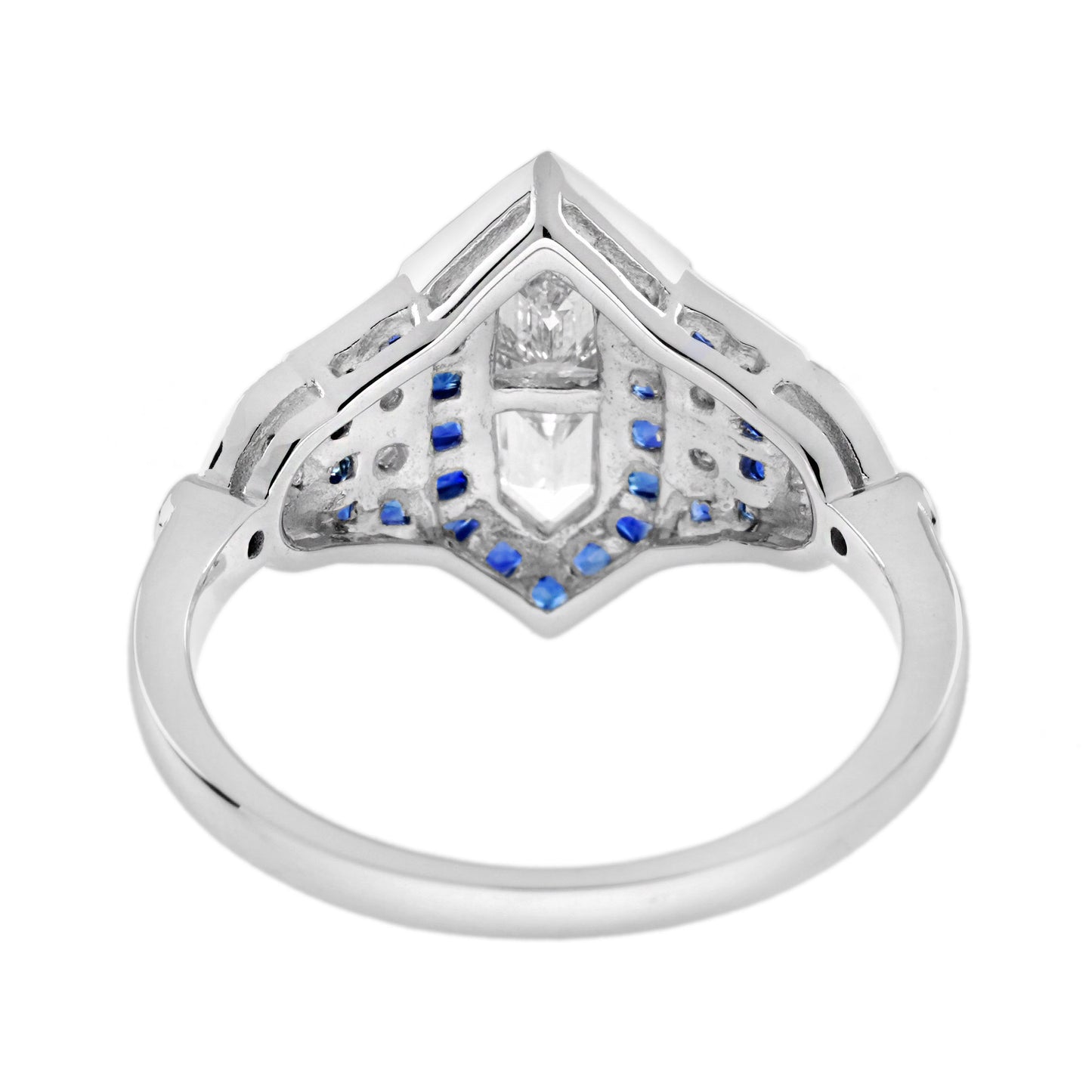 diamond illusion set & blue sapphire halo art deco style white gold ring