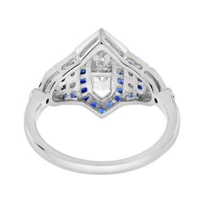 Diamond Illusion Set & Blue Sapphire Halo Art Deco Style White Gold Ring