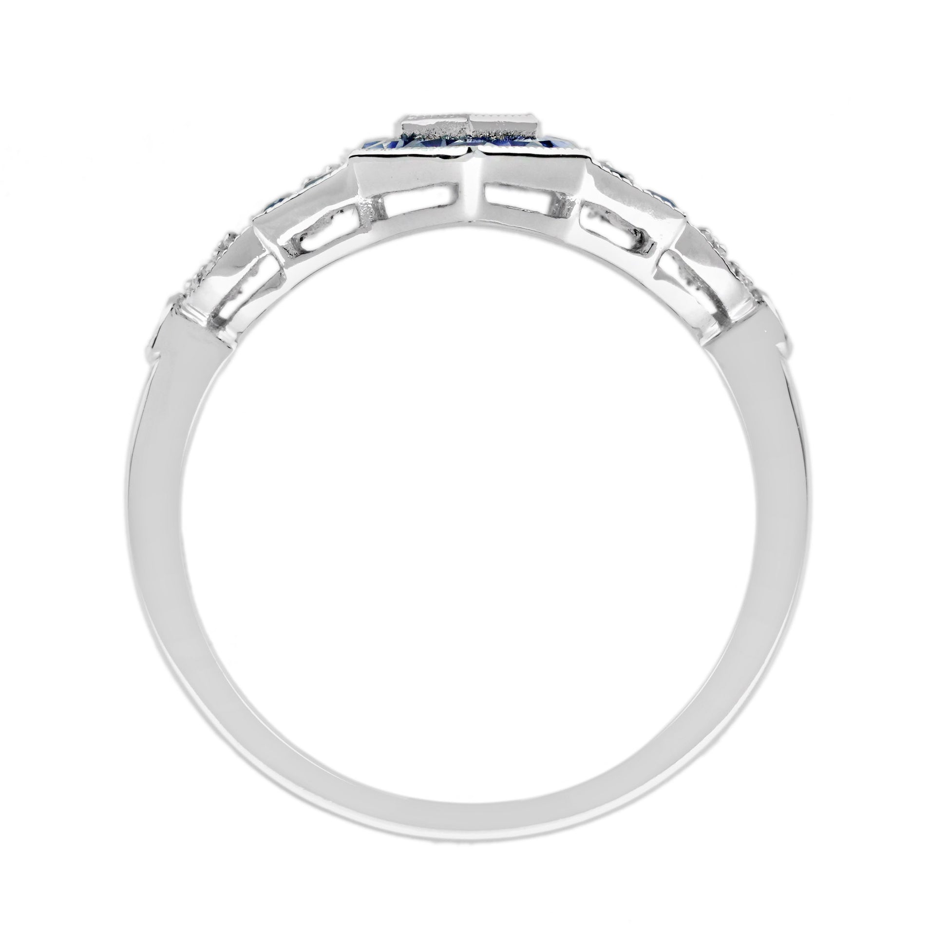 Diamond Illusion Set & Blue Sapphire Halo Art Deco Style White Gold Ring