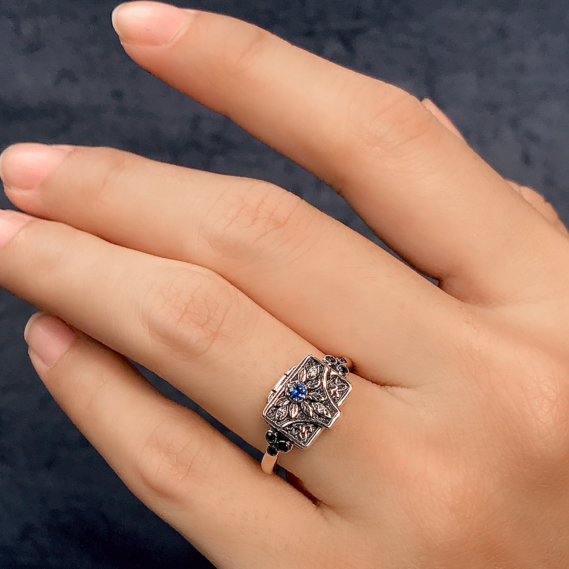 Blue Sapphire & Diamond Vintage Style Poison Locket 14K Yellow Gold Ring
