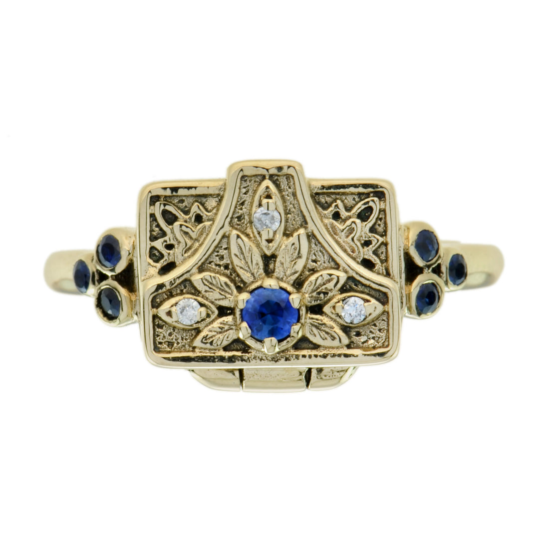 Blue Sapphire &amp; Diamond Vintage Style Poison Locket 14K Yellow Gold Ring