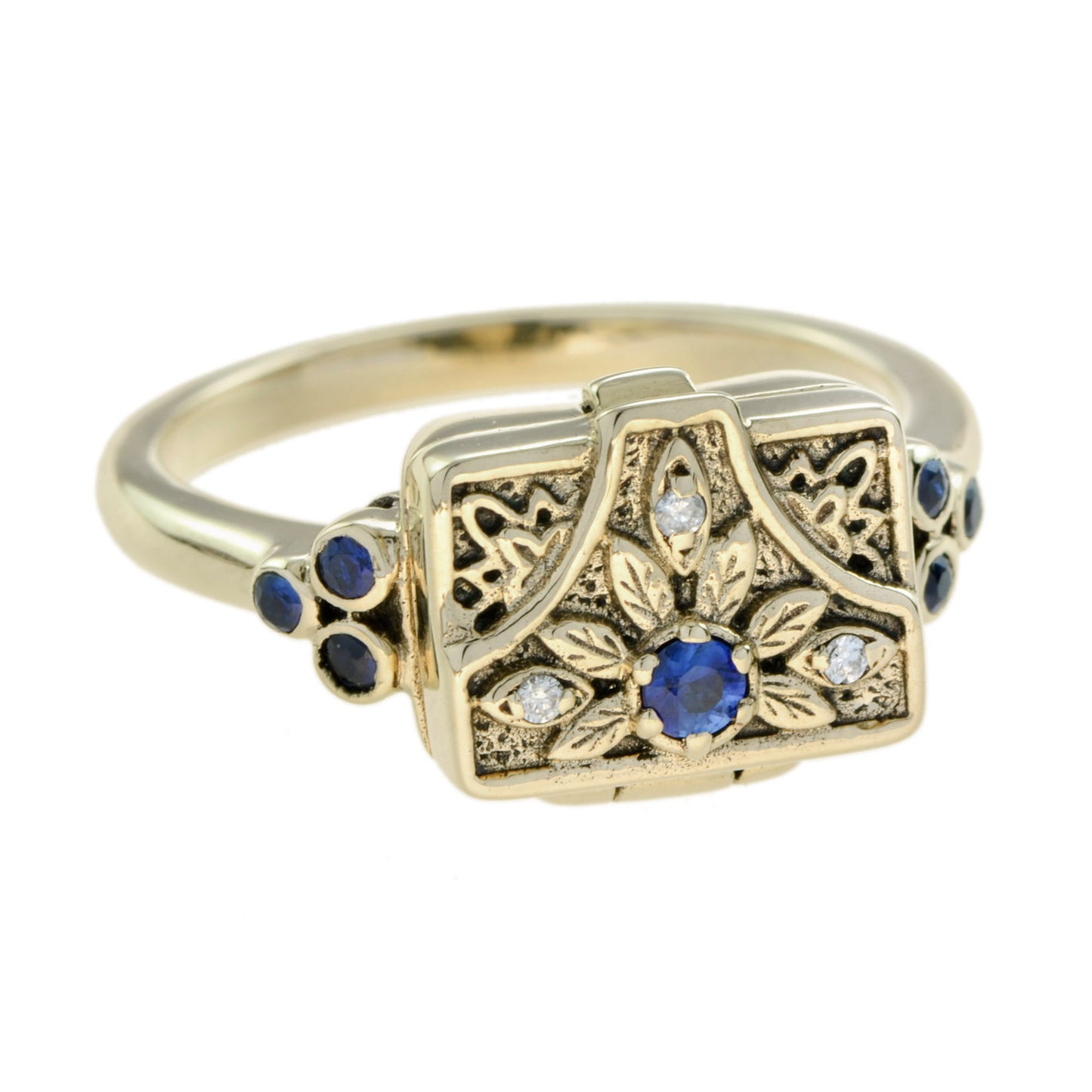 blue sapphire & diamond vintage style poison locket 14k yellow gold ring