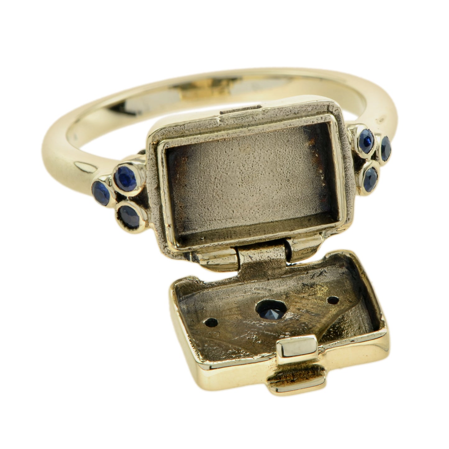 blue sapphire & diamond vintage style poison locket 14k yellow gold ring