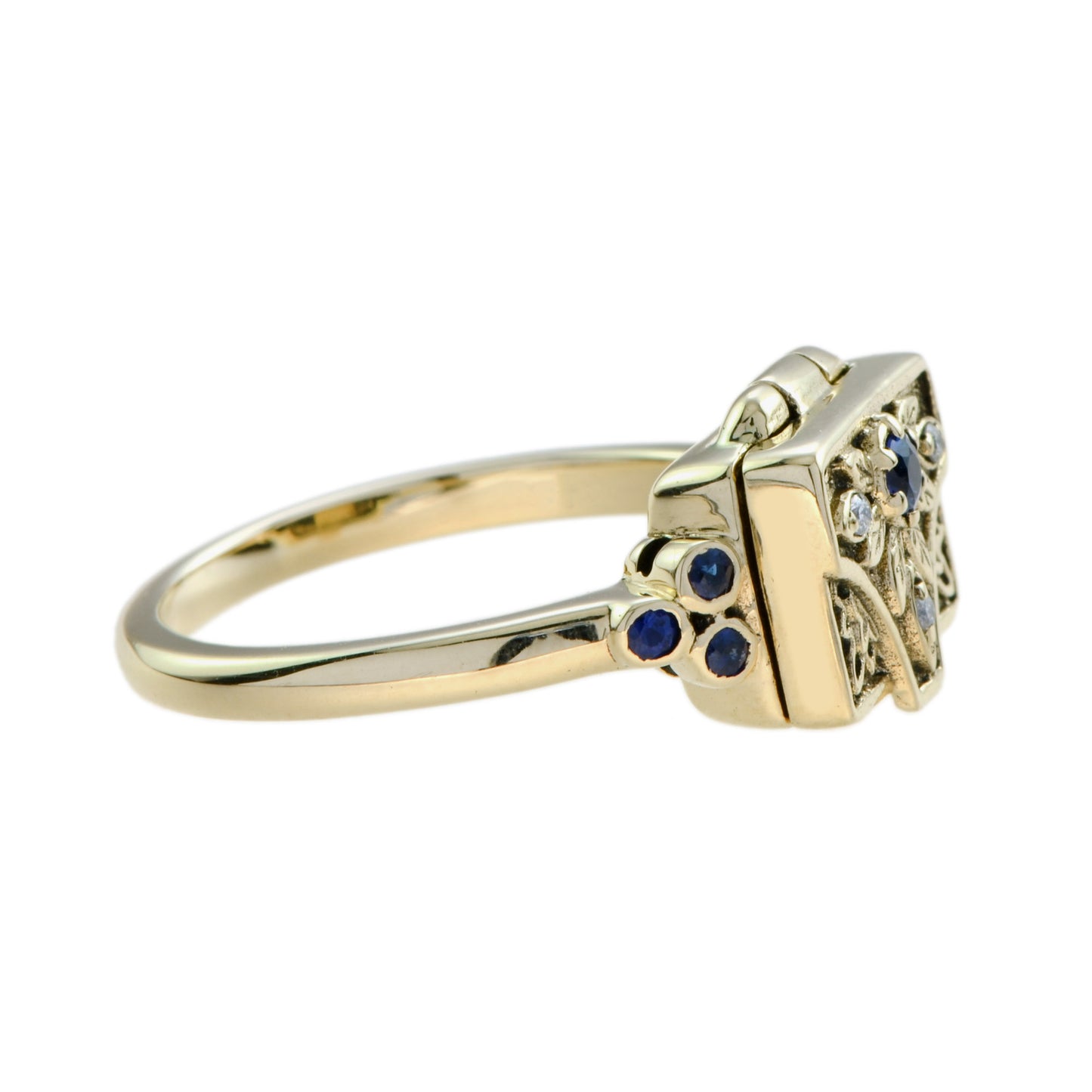 blue sapphire & diamond vintage style poison locket 14k yellow gold ring