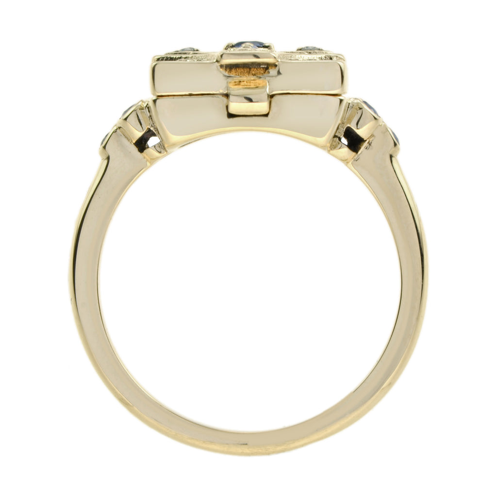 Blue Sapphire & Diamond Vintage Style Poison Locket 14K Yellow Gold Ring