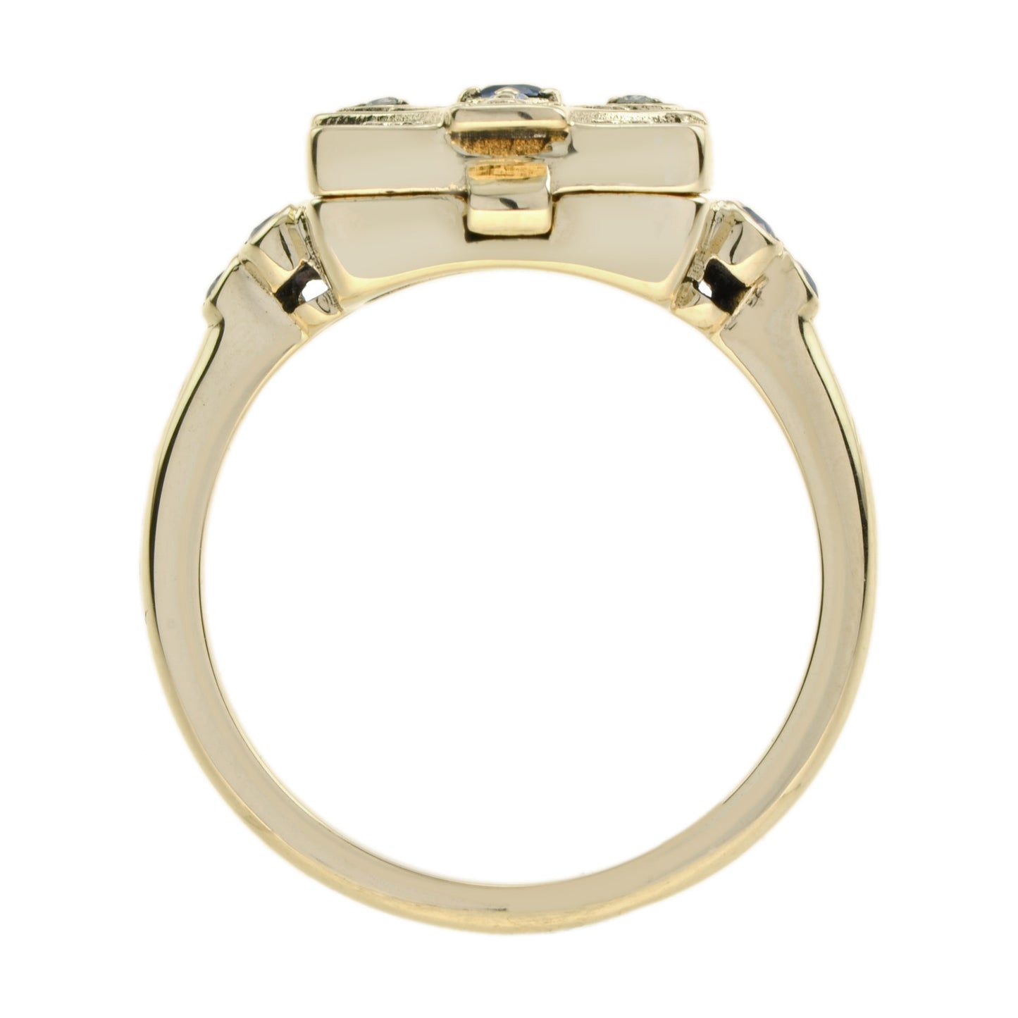 blue sapphire & diamond vintage style poison locket 14k yellow gold ring