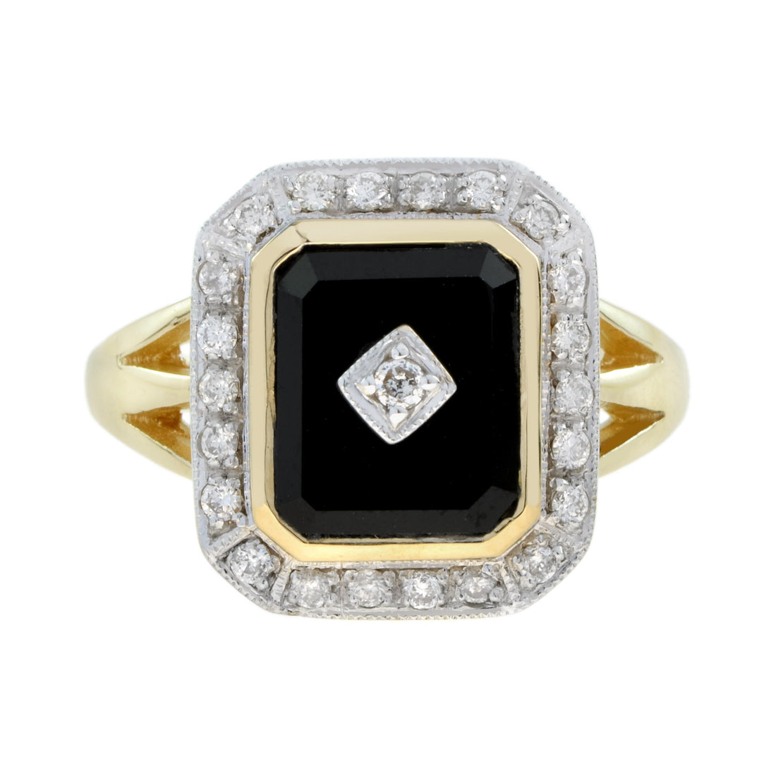 Diamond & Black Onyx Art Deco Style Triple Shank Halo 14K Yellow Gold Ring