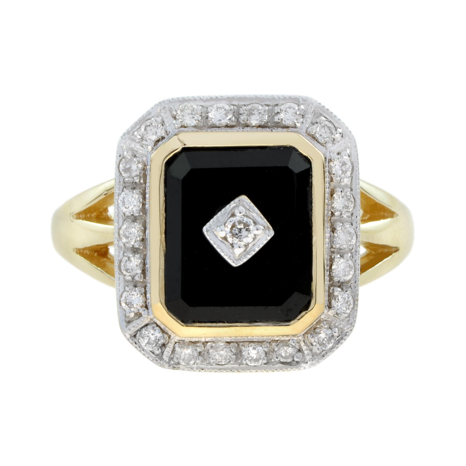 Diamond &amp; Black Onyx Art Deco Style Triple Shank Halo 14K Yellow Gold Ring